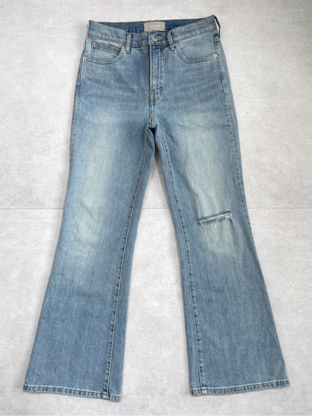 Everlane The High-Rise Flare Jeans Light Wash Distressed Knee Size 27